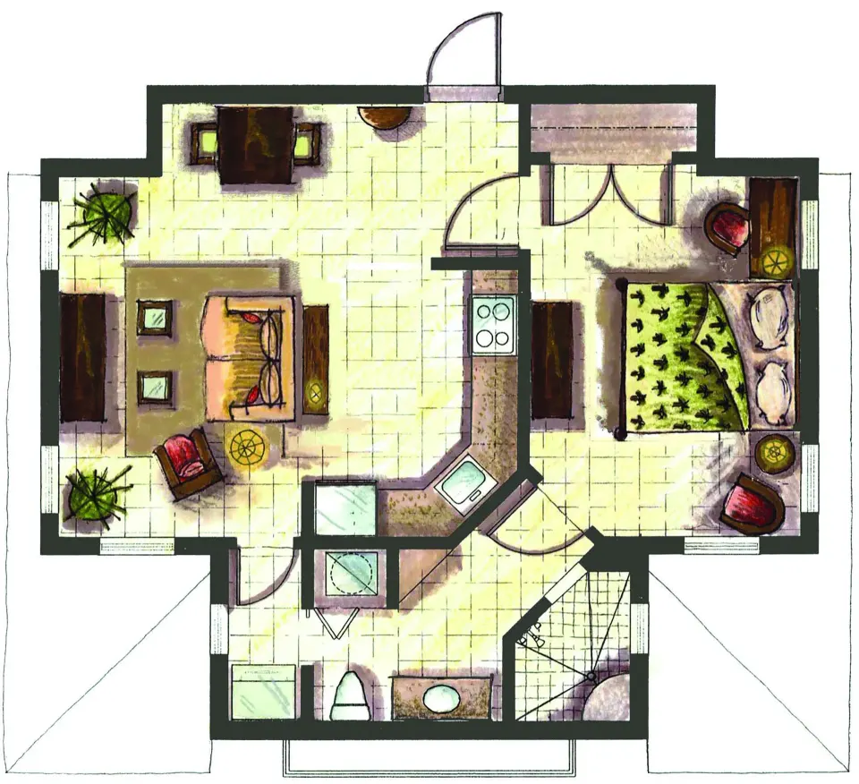 Illustrated One Bedroom Suite floor plan showing bedroom, living areas, kitchen, and bath at Windsong on the Reef.