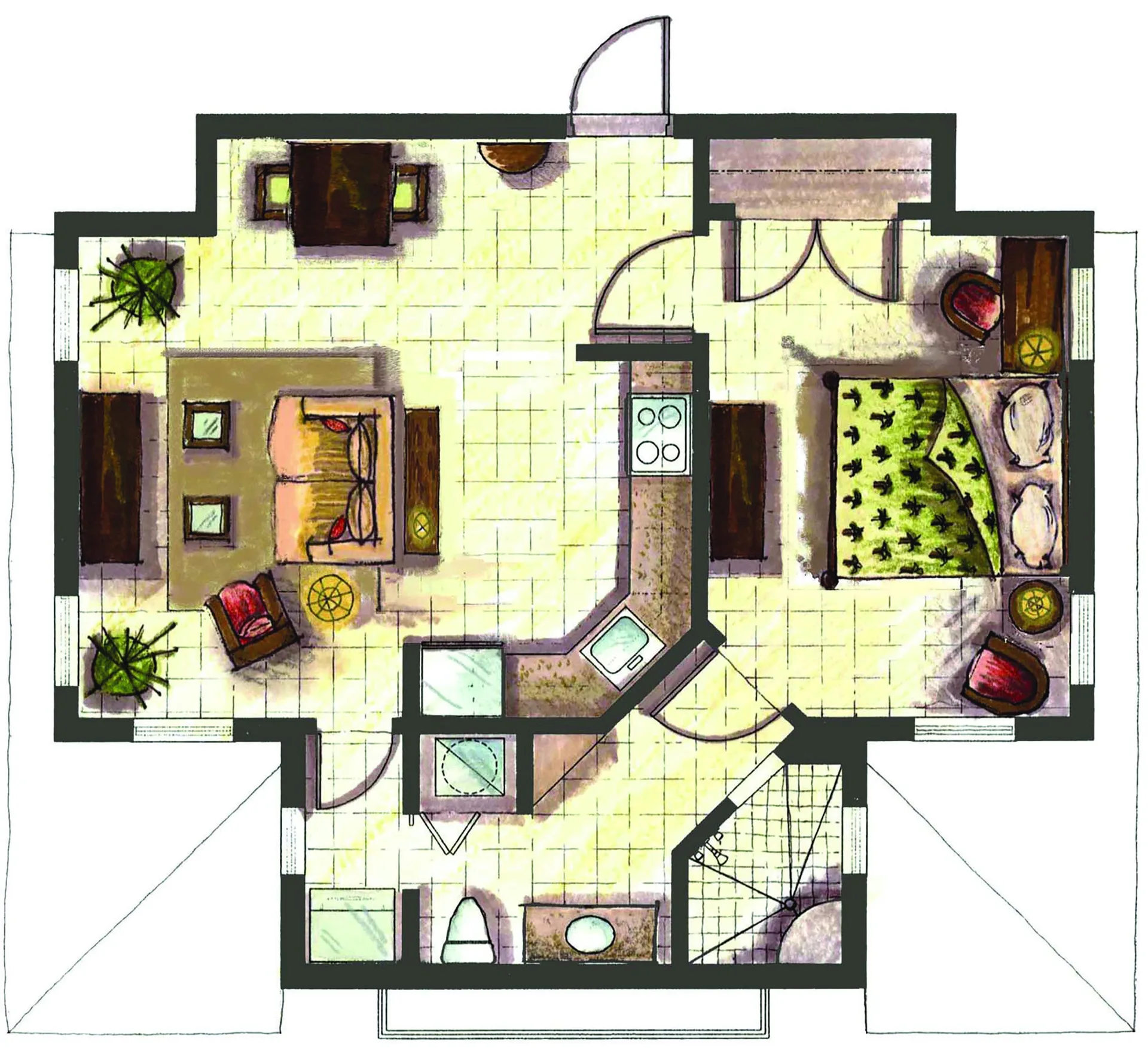 Illustrated One Bedroom Suite floor plan showing bedroom, living areas, kitchen, and bath at Windsong on the Reef.