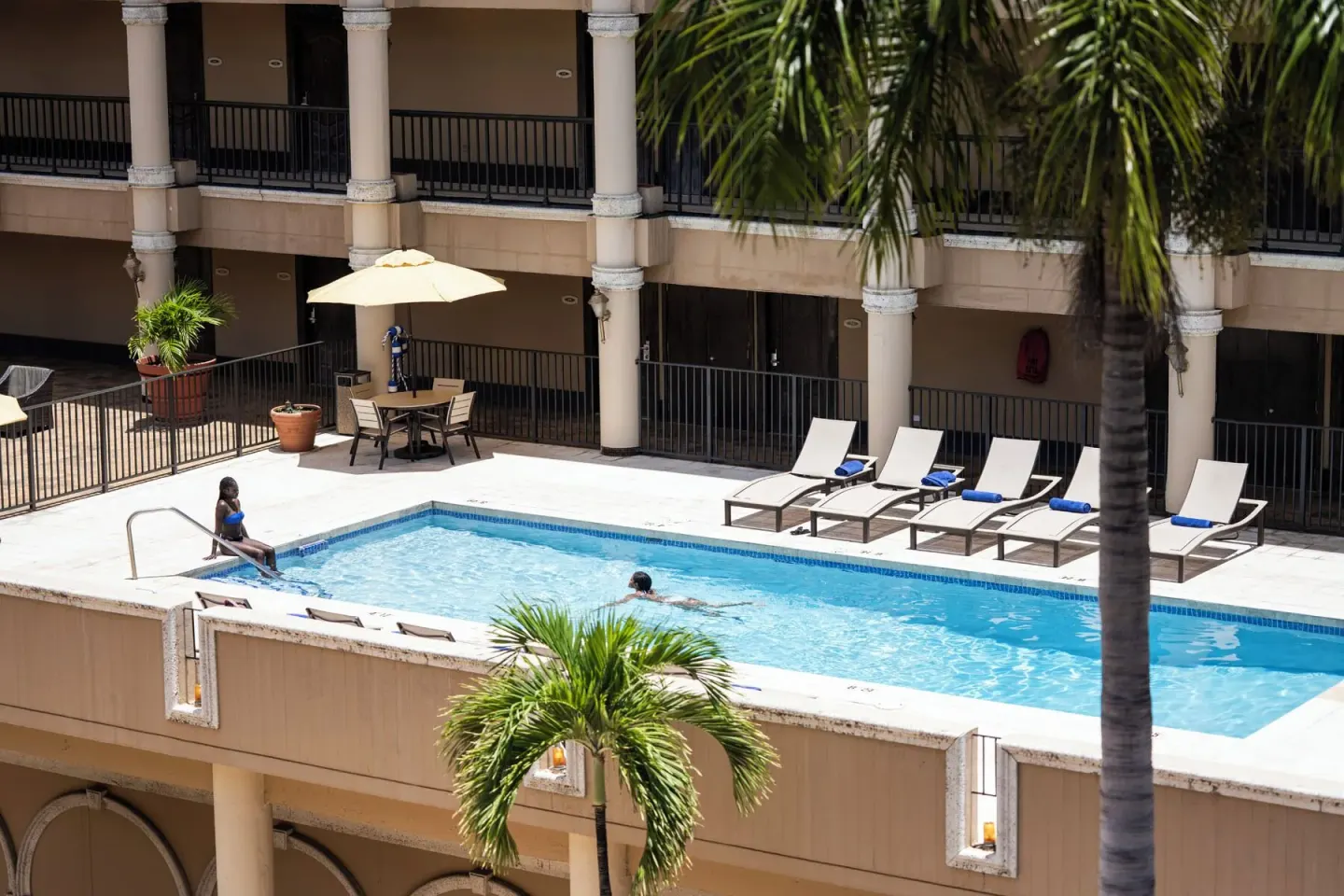 Guests swim in the courtyard pool beneath palm trees at Windward Passage Hotel.