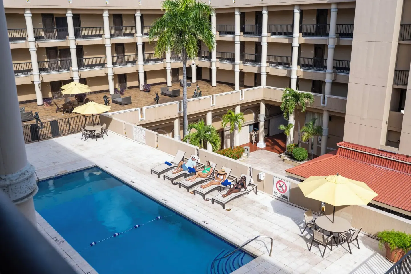 Pool deck with lounge chairs, umbrellas, palms, and courtyard balconies at Windward Passage Hotel.