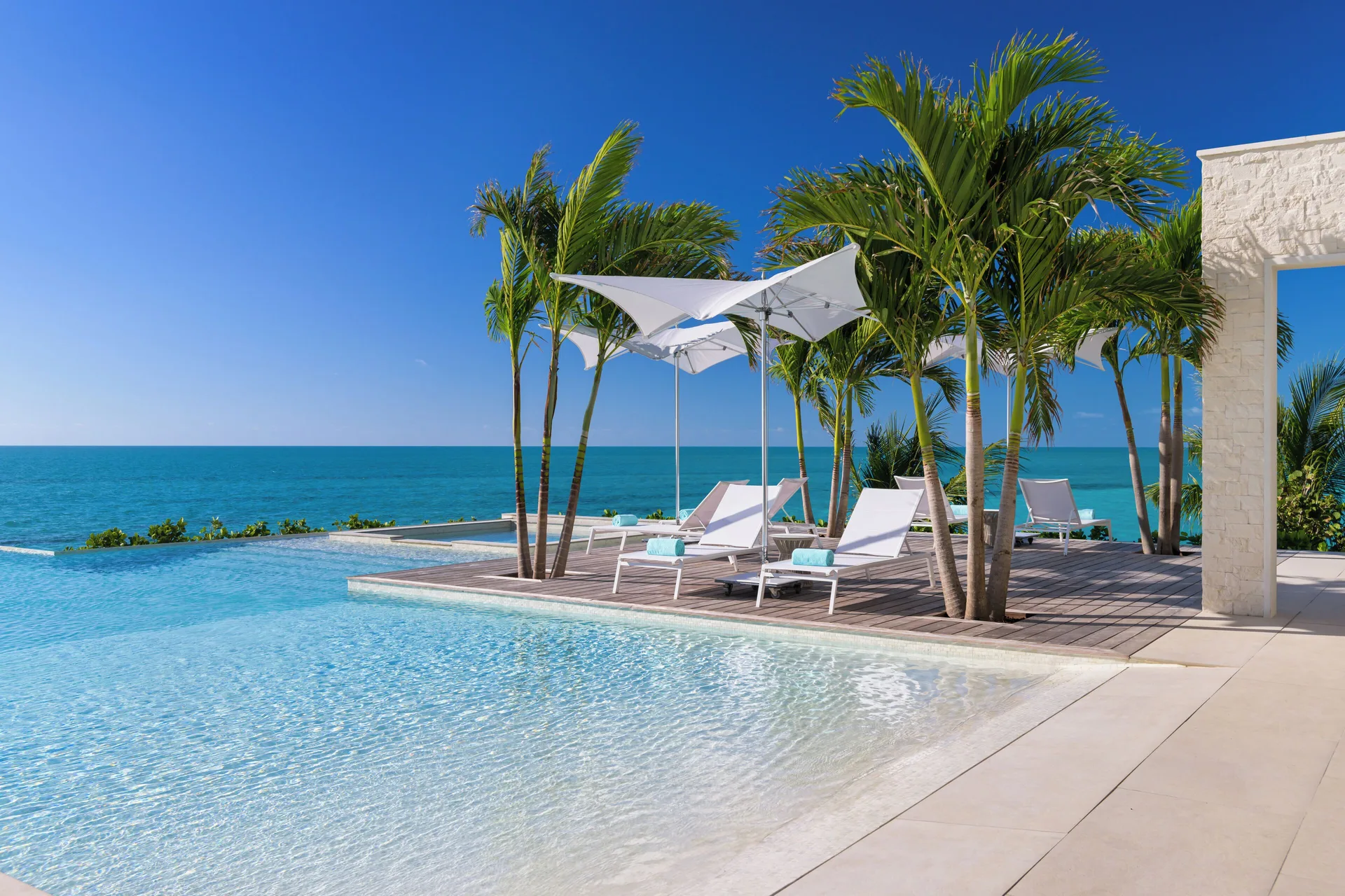 Infinity pool deck with palm trees and loungers at Wymara Resort and Villas.