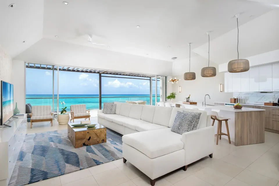 Penthouse one-bedroom suite living room and ocean view at Wymara Resort and Villas.
