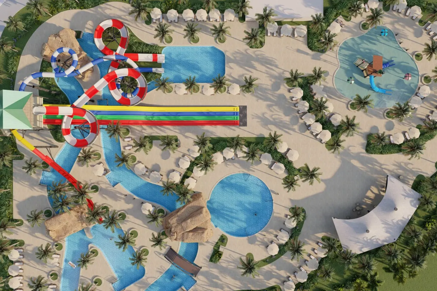 Aerial view of water slides and pools at Wyndham Alltra Punta Cana.