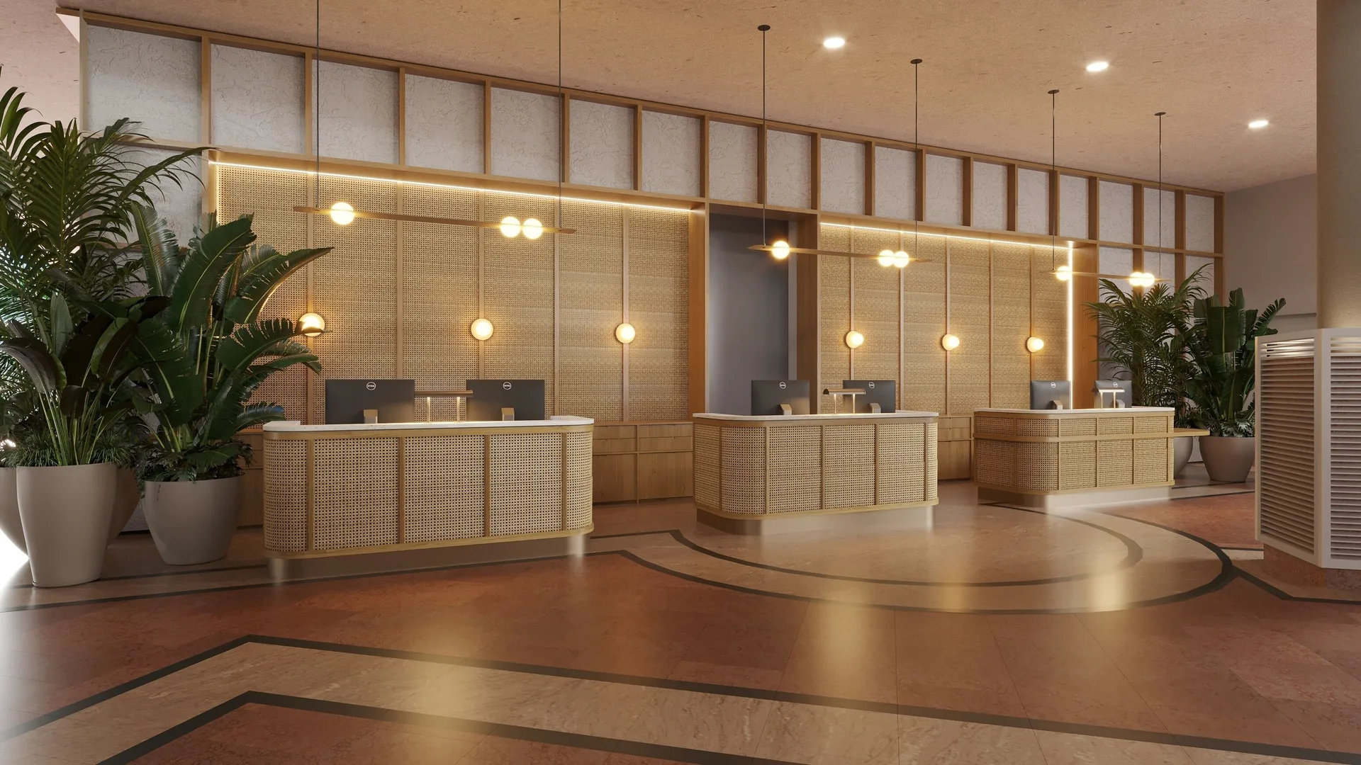 Reception desks with woven fronts and round wall lights at Wyndham Alltra Punta Cana.