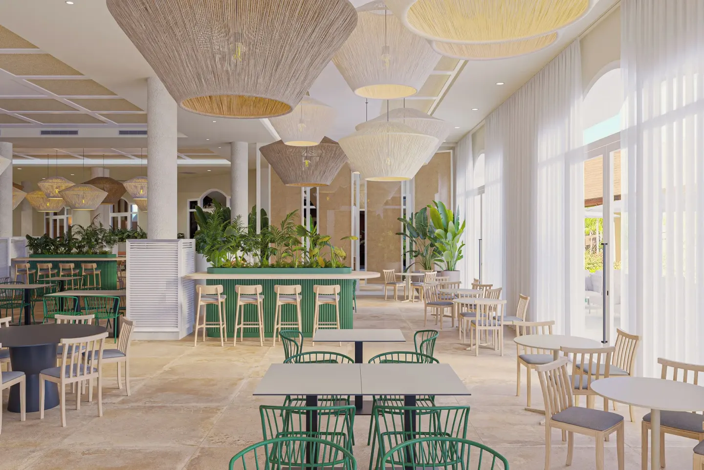 Airy dining room with a green bar and woven lights at Wyndham Alltra Punta Cana.