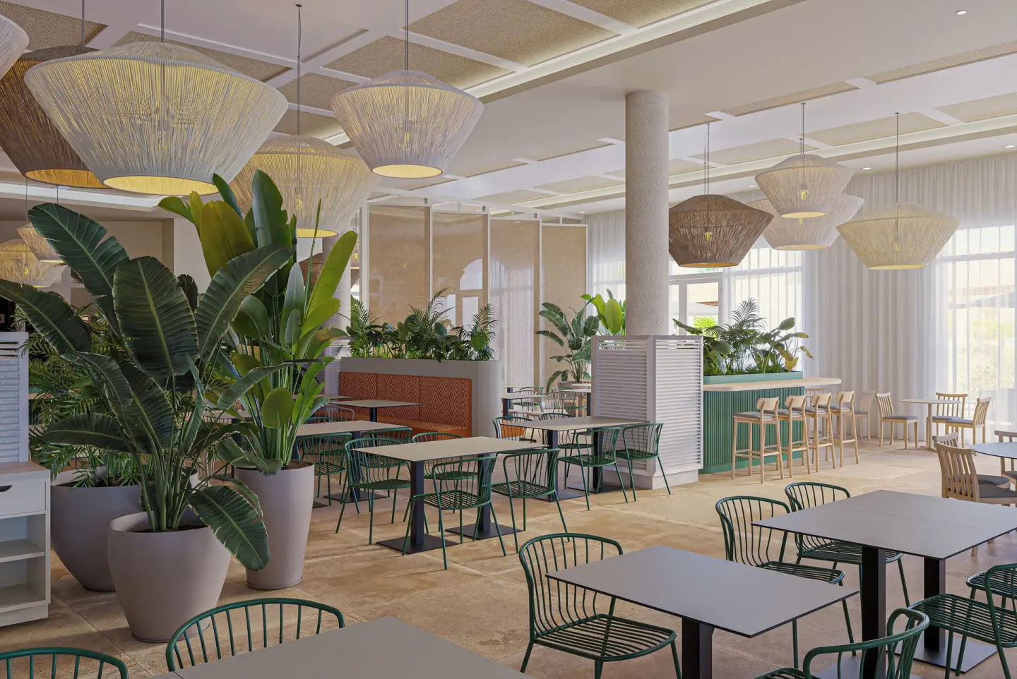 Bright dining room with green chairs and woven pendant lights at Wyndham Alltra Punta Cana.