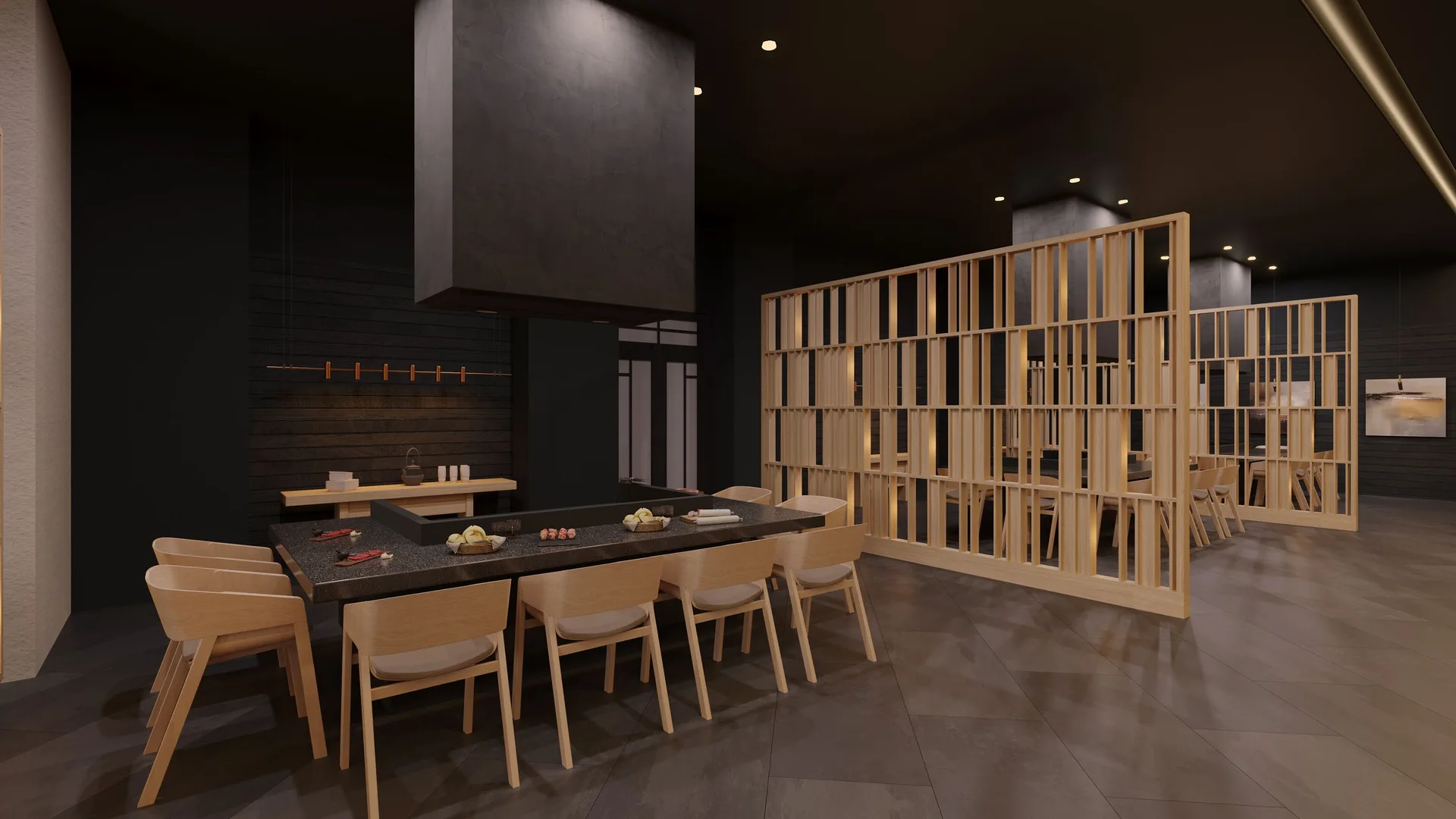 Sushi counter with wood partitions and place settings at Wyndham Alltra Punta Cana.