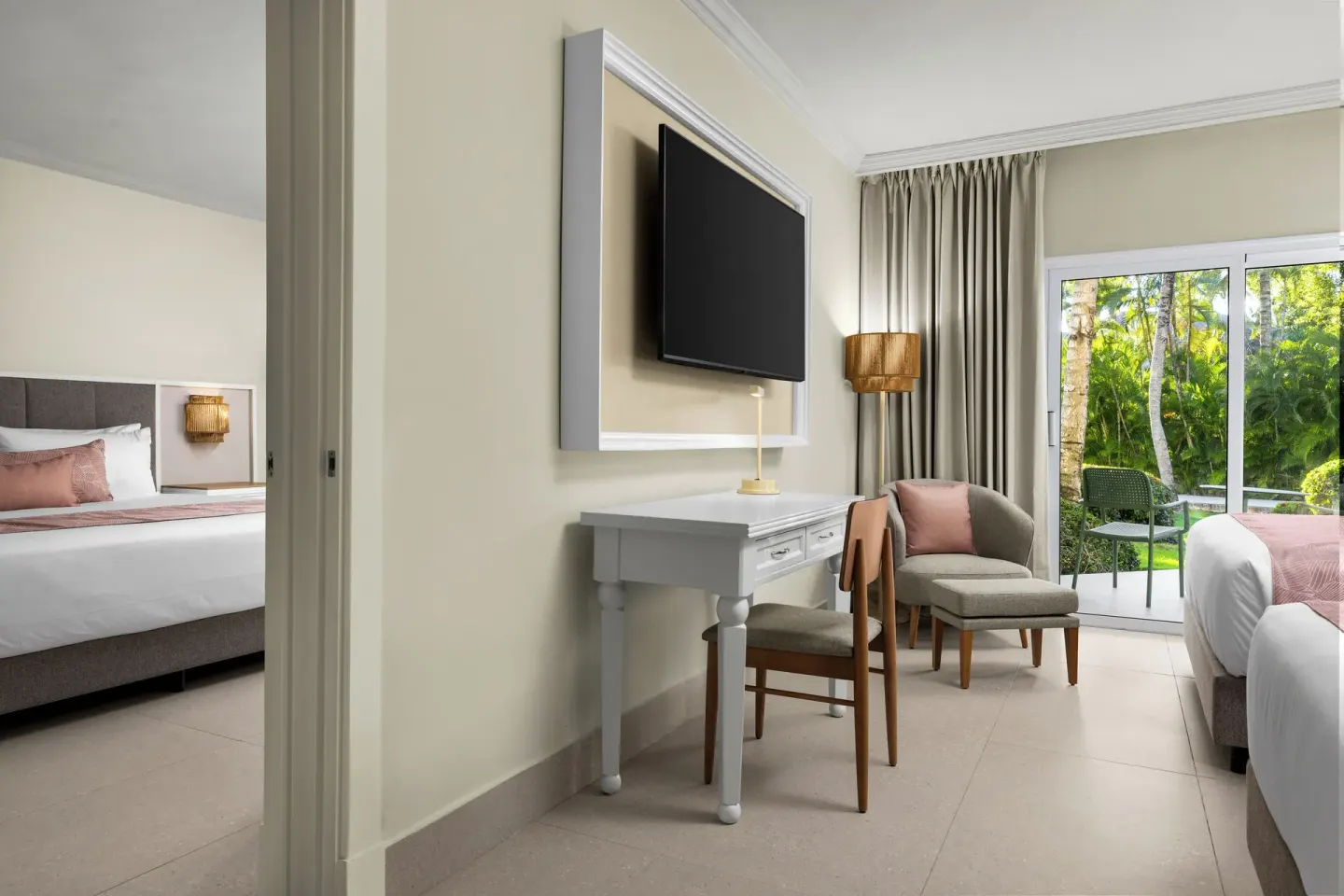 Junior Suite Multiple Beds Tropical View seating nook at Wyndham Alltra Punta Cana.