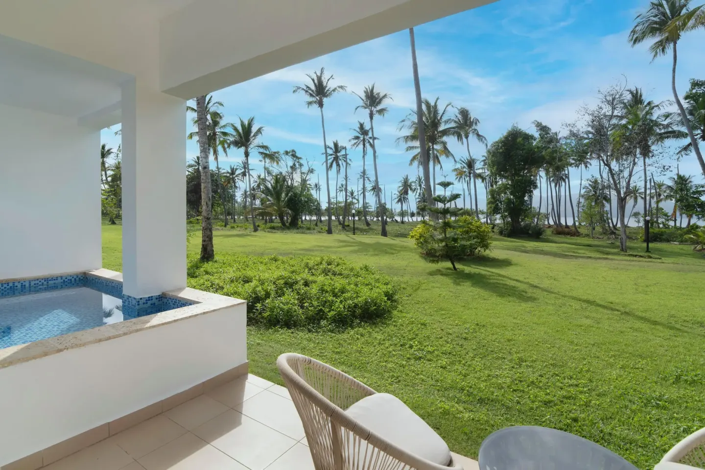Terrace seating and plunge pool overlooking palms at Wyndham Alltra Samana Resort.