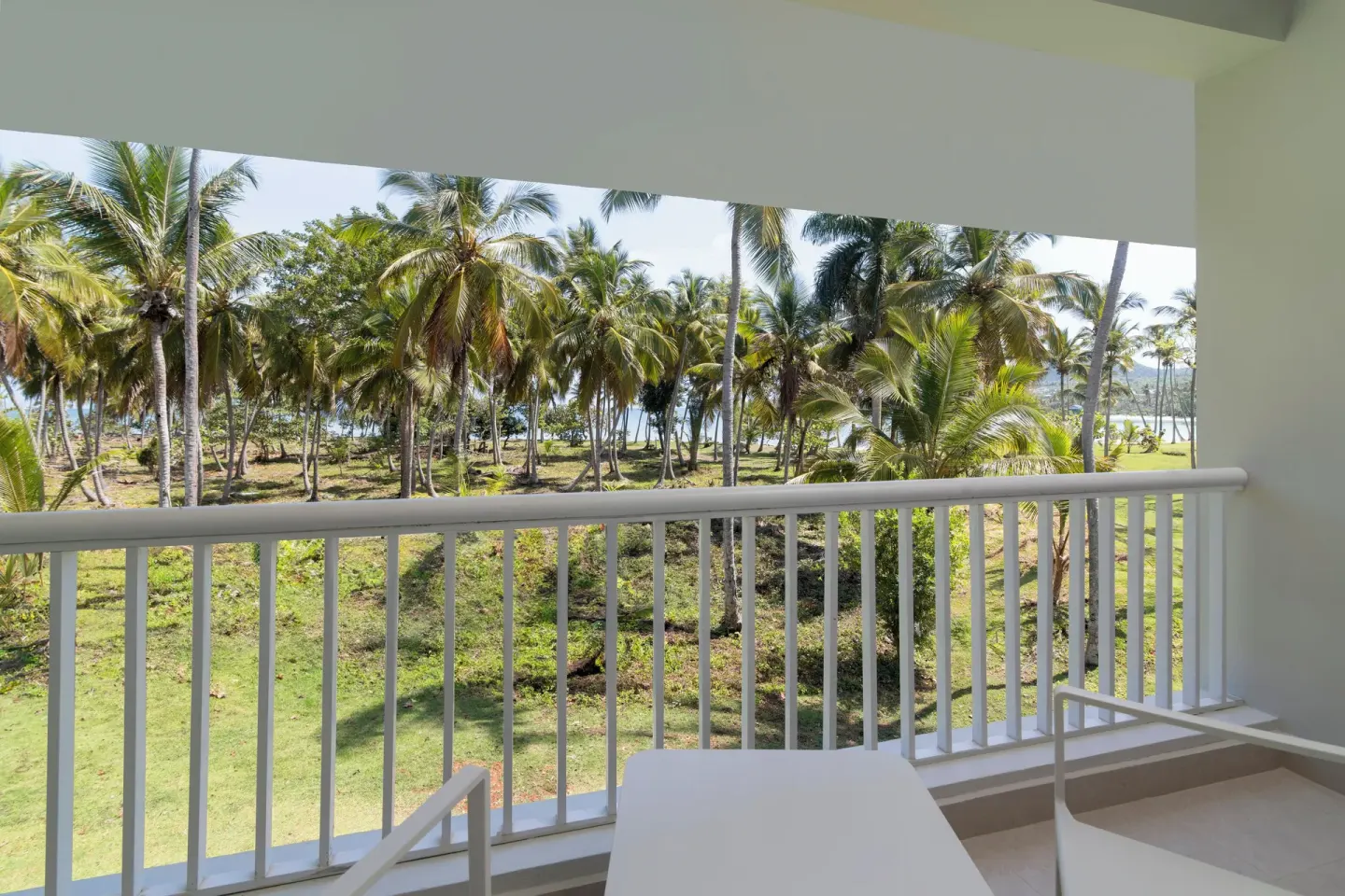 Club Room Ocean View balcony with palm trees at Wyndham Alltra Samana Resort.