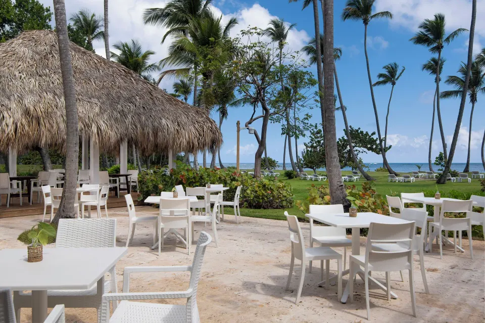 Outdoor tables beside palms and beach at Wyndham Alltra Samana Resort.