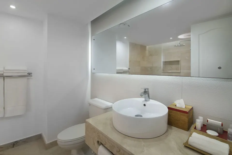 Standard Room Garden View bathroom vanity at Wyndham Alltra Samana Resort.