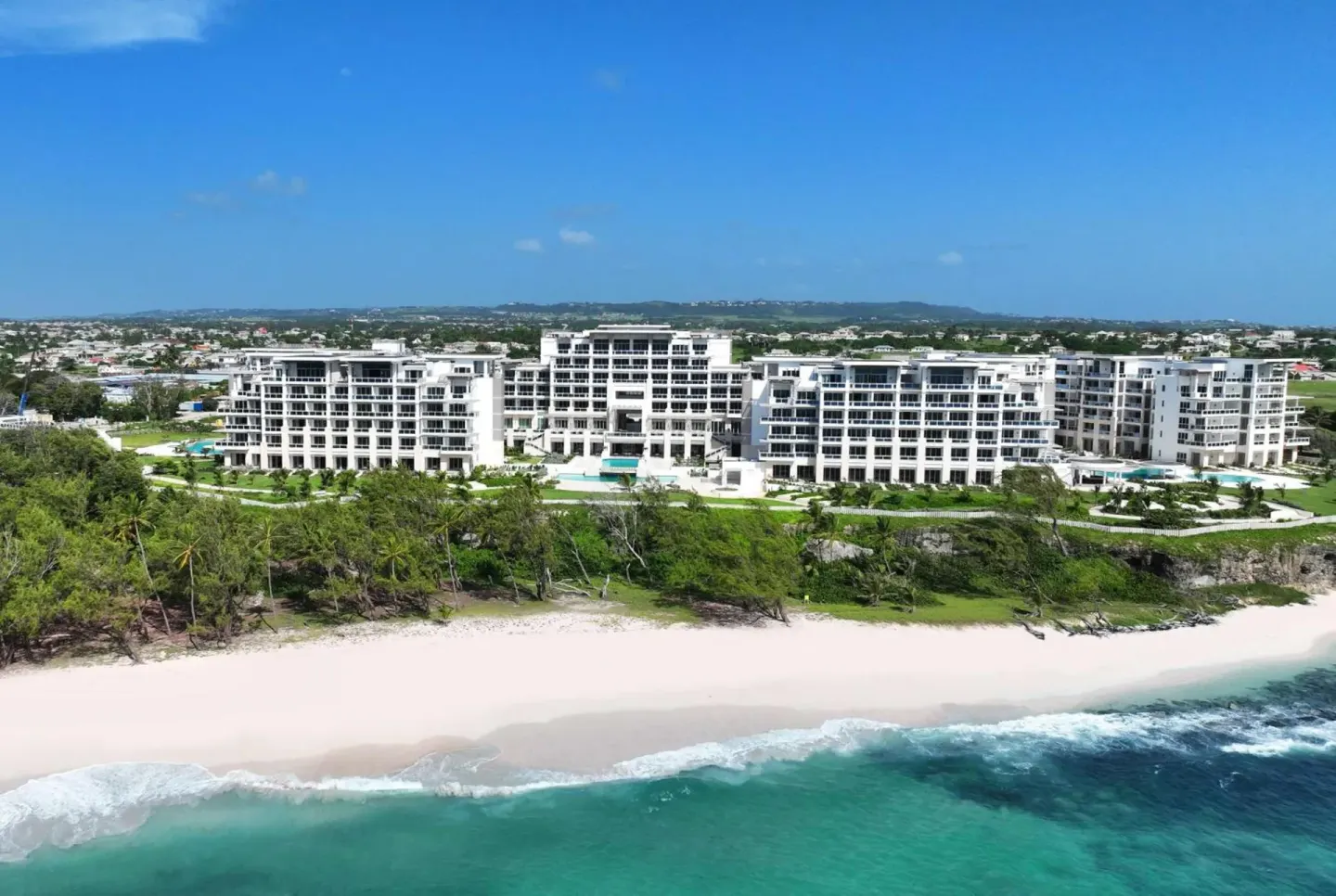 Aerial beachfront resort view at Wyndham Grand Barbados Sam Lords Castle.
