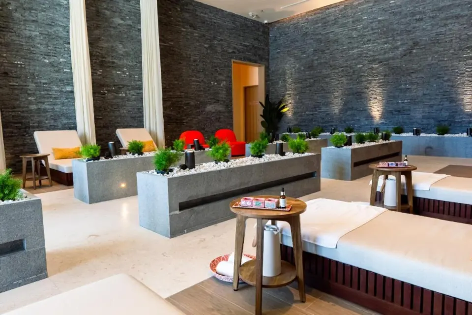 Spa relaxation room with loungers at Wyndham Grand Barbados Sam Lords Castle.