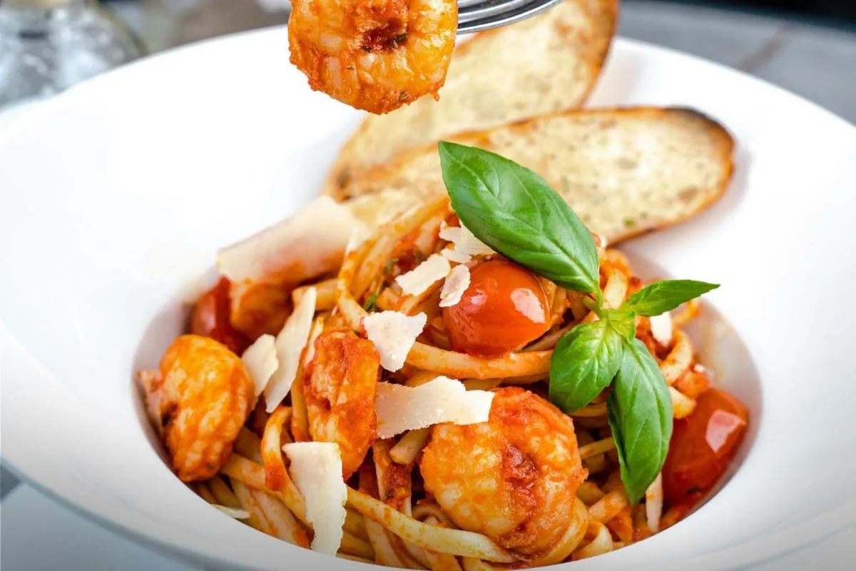 Shrimp pasta with tomato sauce at Wyndham Grand Barbados Sam Lords Castle.