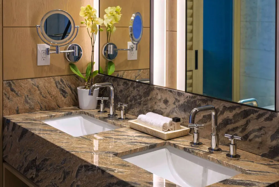 Suite bathroom double vanity at Wyndham Grand Barbados Sam Lords Castle.