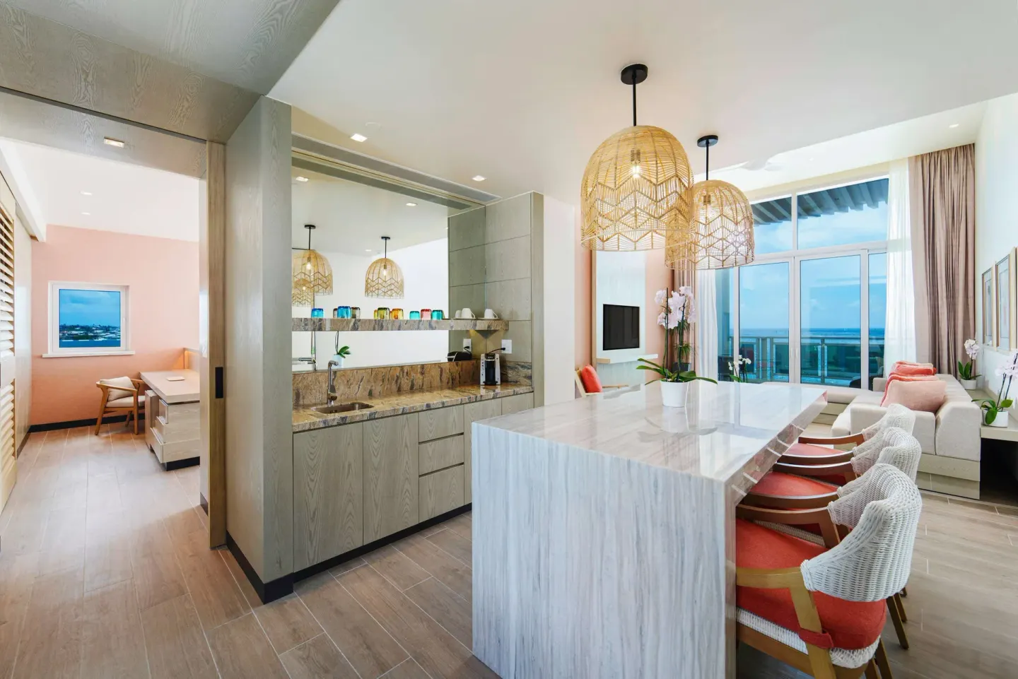 Suite dining island and sitting area at Wyndham Grand Barbados Sam Lords Castle.