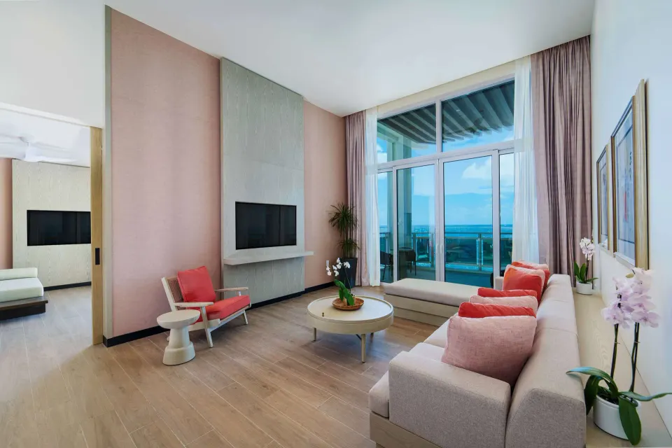 Suite sitting room with balcony doors at Wyndham Grand Barbados Sam Lords Castle.