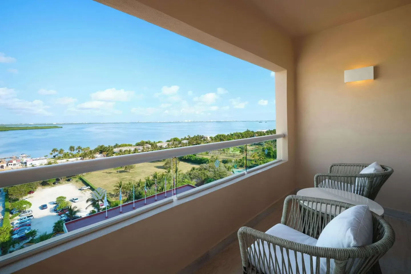 Superior Lagoon View balcony at Wyndham Grand Cancun Resort & Villas.
