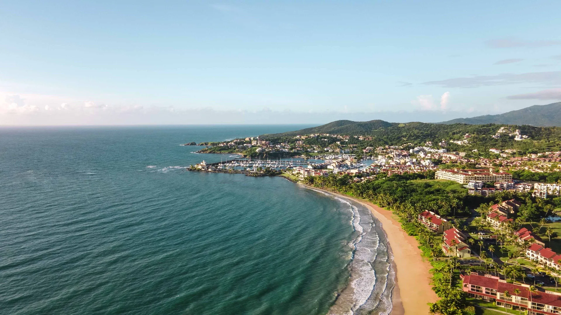 Aerial coastline view with beach, marina, hills, and resort buildings at Wyndham Palmas Beach and Golf Boutique Resort.
