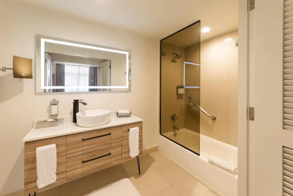 Modern Studio Resort View bathroom at Wyndham Palmas Beach and Golf Boutique Resort.