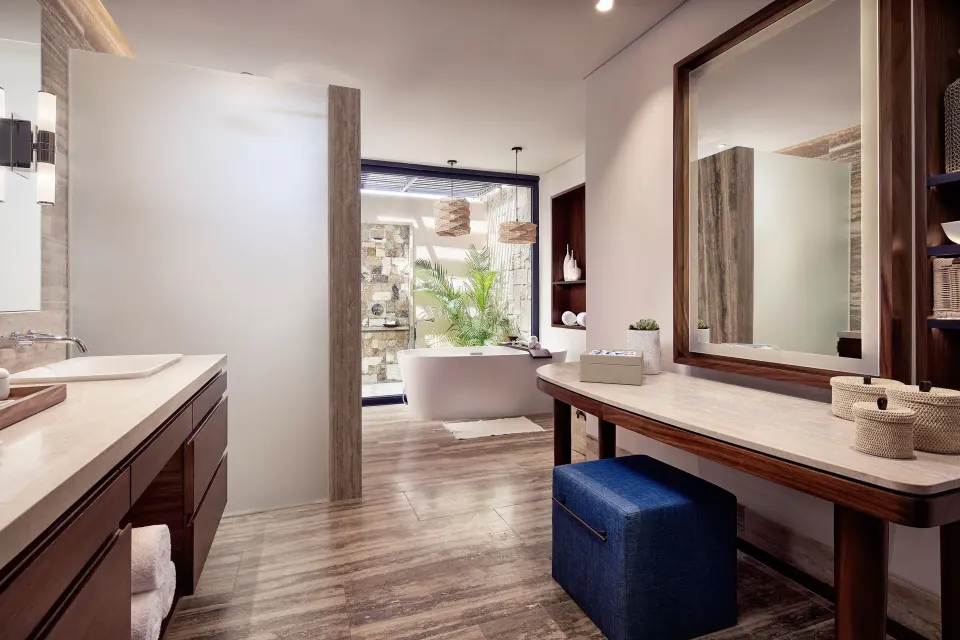 Guest bathroom vanity and bathtub area at Zadún, a Ritz-Carlton Reserve, Los Cabos.