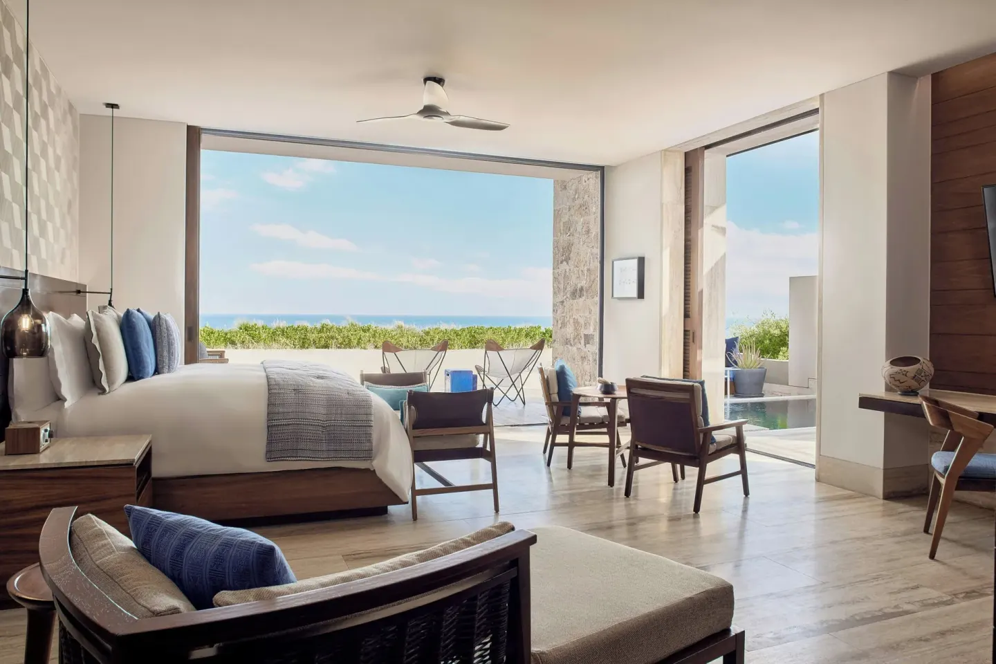 King bed suite with ocean-facing terrace at Zadún, a Ritz-Carlton Reserve, Los Cabos.