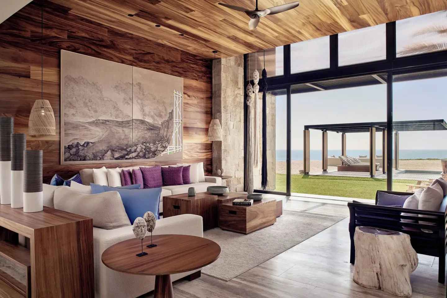 Ocean-facing living room with terrace pavilion at Zadún, a Ritz-Carlton Reserve, Los Cabos.