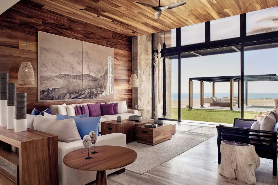 Ocean-facing living room with terrace pavilion at Zadún, a Ritz-Carlton Reserve, Los Cabos.