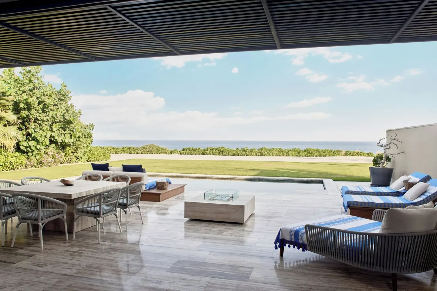 Covered terrace with plunge pool and ocean view at Zadún, a Ritz-Carlton Reserve, Los Cabos.