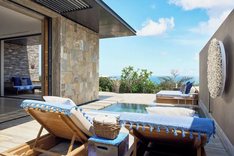 Private terrace with loungers and plunge pool at Zadún, a Ritz-Carlton Reserve, Los Cabos.