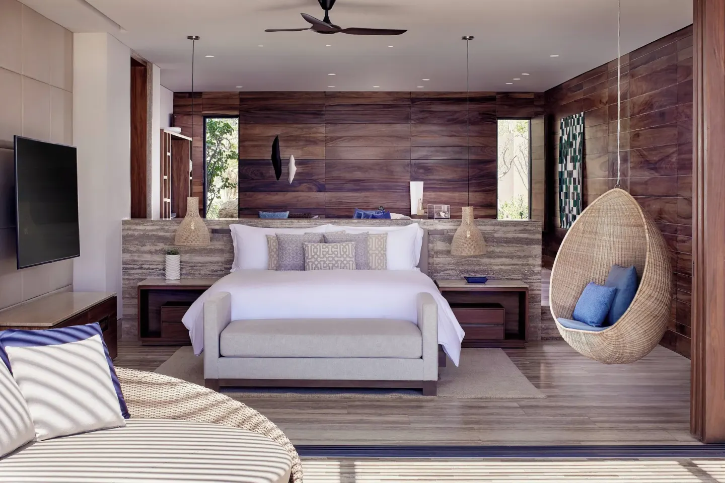King bed suite with hanging chair at Zadún, a Ritz-Carlton Reserve, Los Cabos.