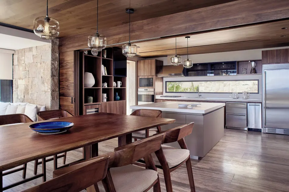Open kitchen and dining area in a suite at Zadún, a Ritz-Carlton Reserve, Los Cabos.
