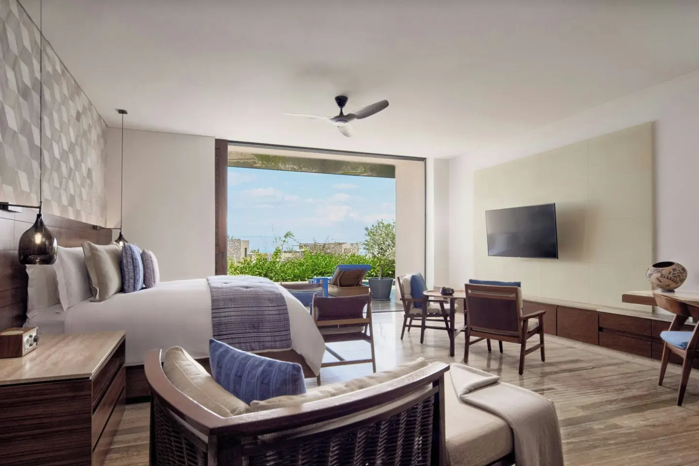 King bed guest room with terrace greenery at Zadún, a Ritz-Carlton Reserve, Los Cabos.