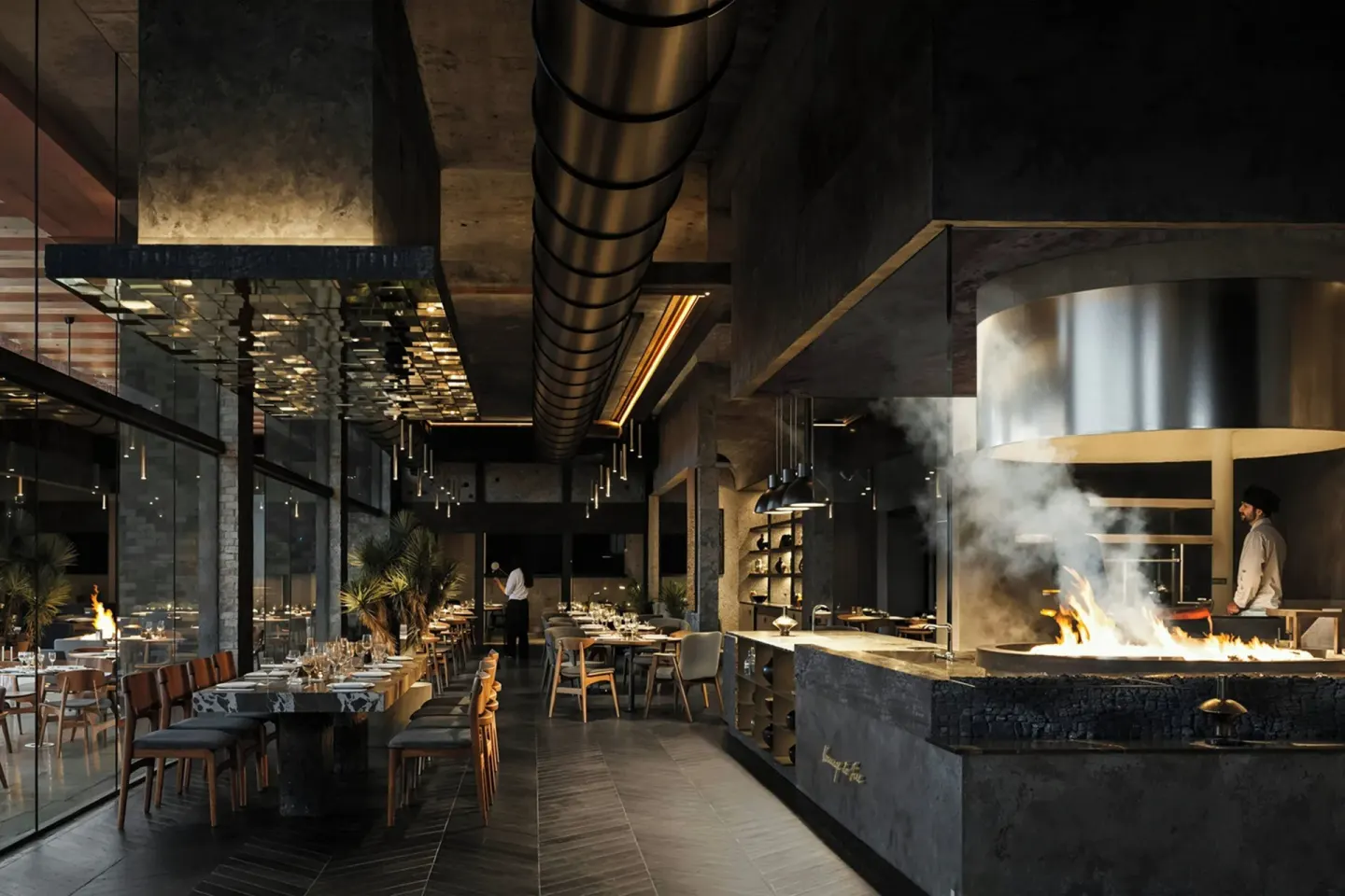Open-fire restaurant kitchen and dining room at Zadún, a Ritz-Carlton Reserve, Los Cabos.