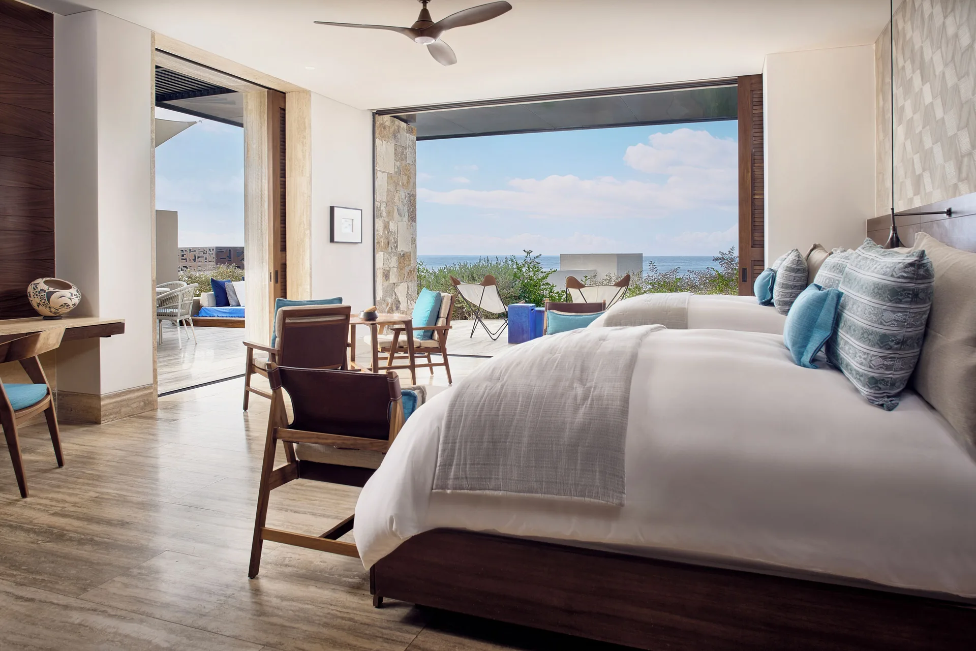 Cortés Oceanview Suite terrace with garden and ocean views, king bed at Zadún, a Ritz-Carlton Reserve, Los Cabos.
