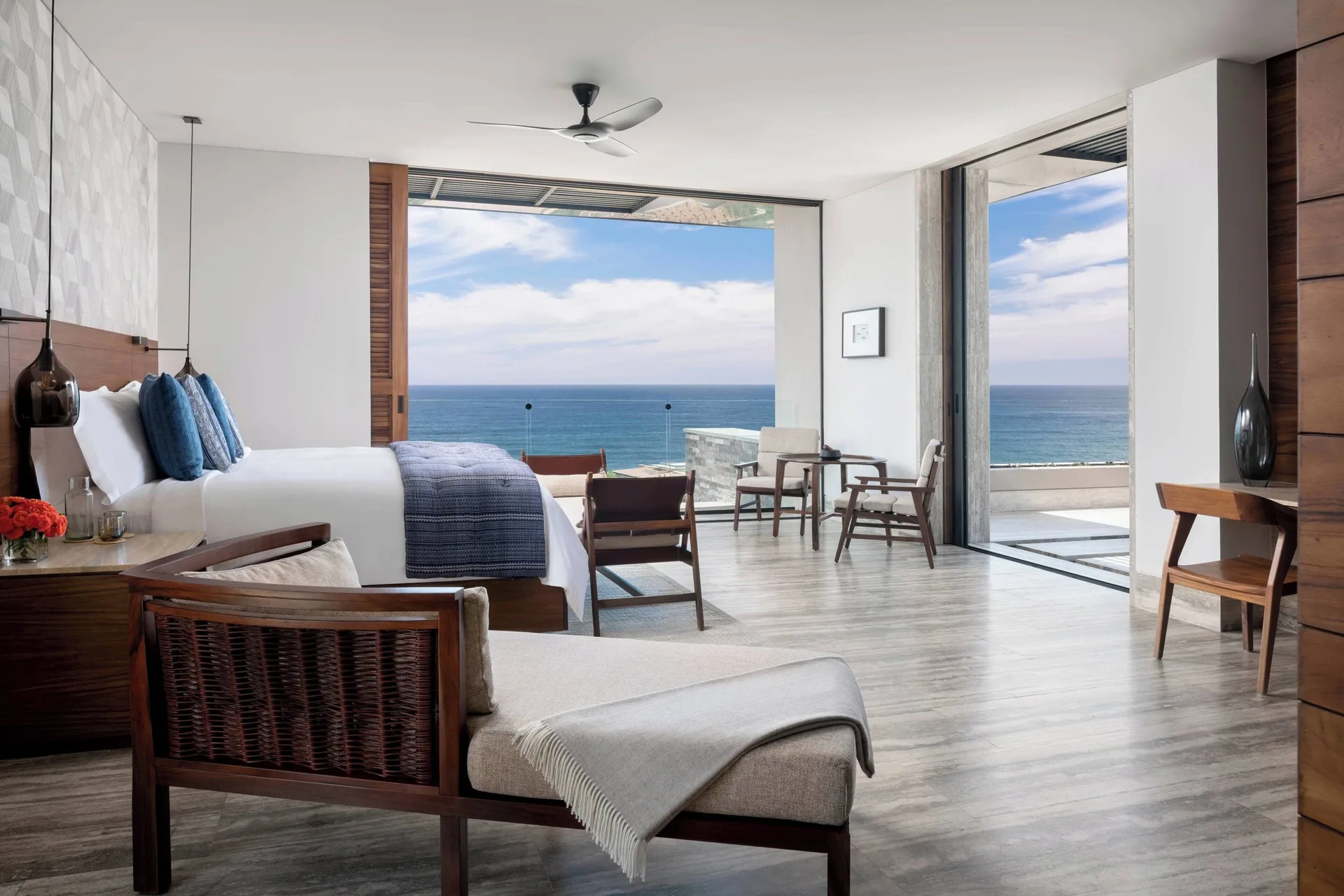 Ocean-view king guest room with terrace seating at Zadún, a Ritz-Carlton Reserve, Los Cabos.