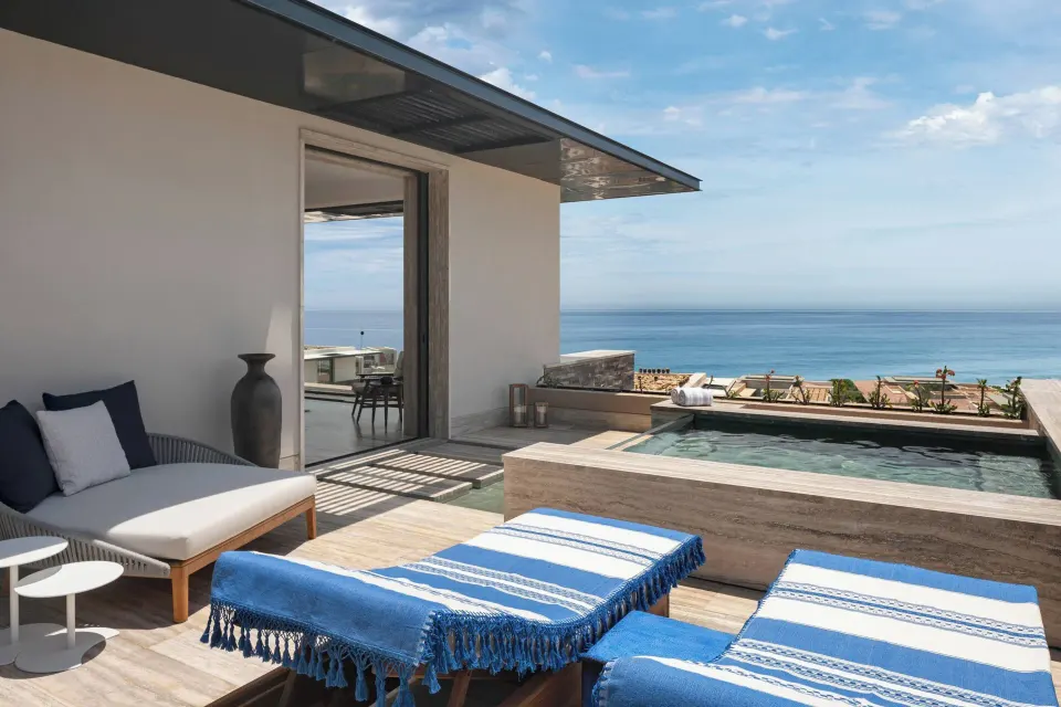 Room Two Beds oceanfront terrace with loungers and plunge pool at Zadún, a Ritz-Carlton Reserve, Los Cabos.