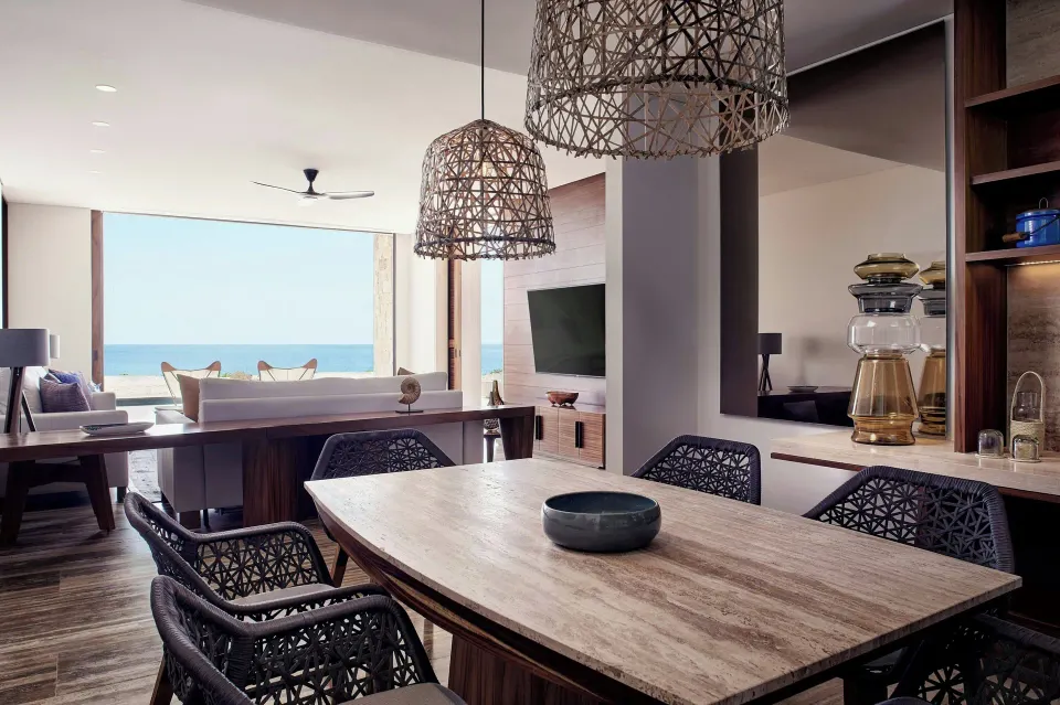 Private pool suite living and dining area at Zadún, a Ritz-Carlton Reserve, Los Cabos.