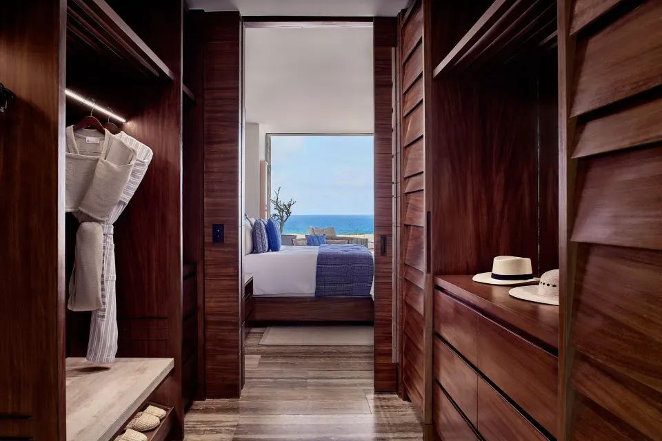 Suite dressing area leading to king bedroom at Zadún, a Ritz-Carlton Reserve, Los Cabos.