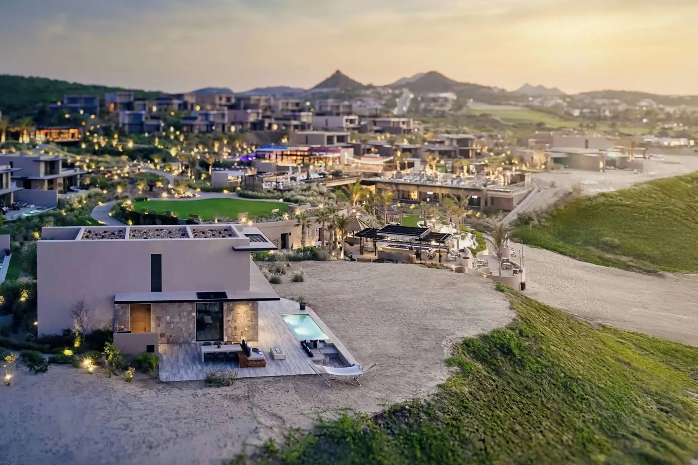 Suite private pool and resort grounds at dusk at Zadún, a Ritz-Carlton Reserve, Los Cabos.