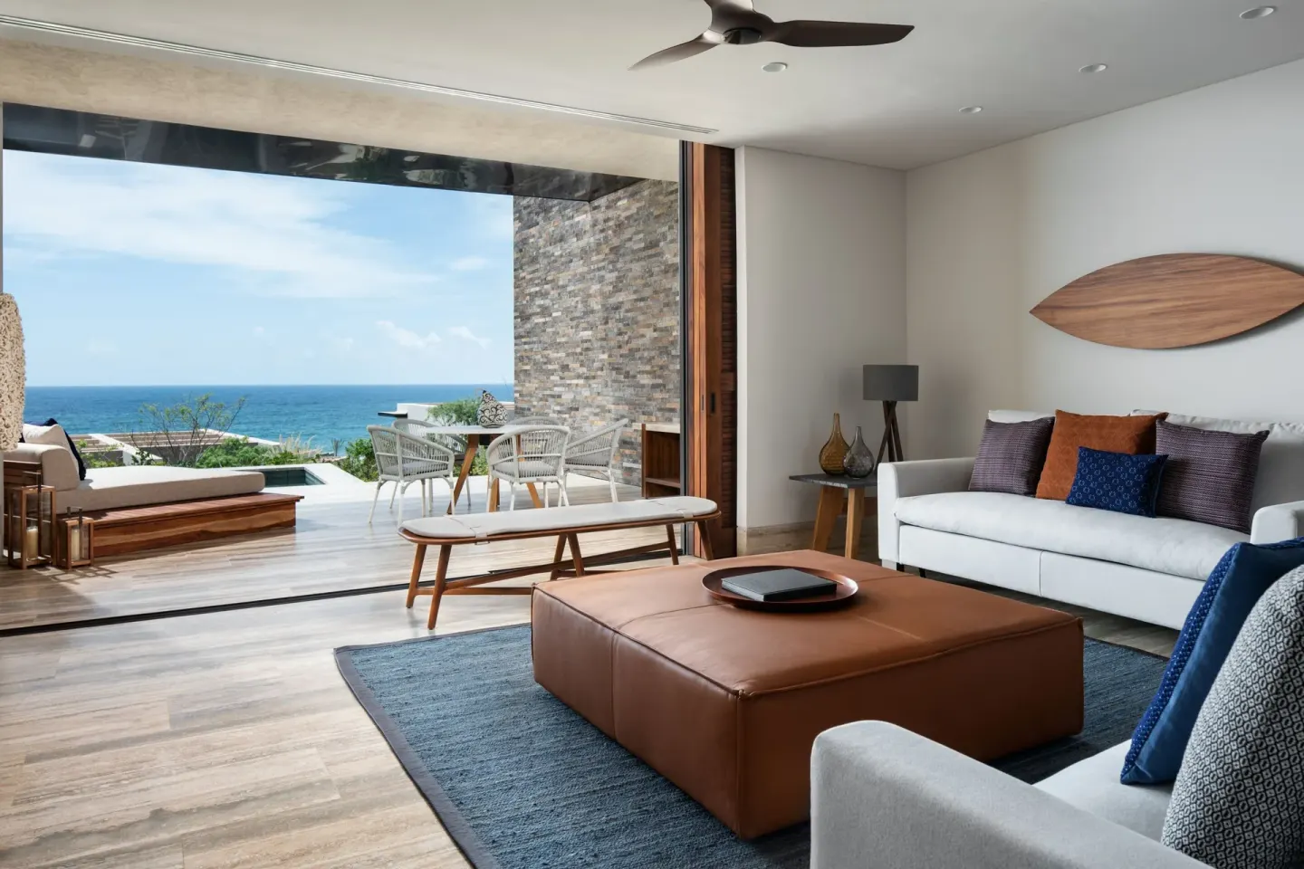 Suite lounge and terrace with ocean view at Zadún, a Ritz-Carlton Reserve, Los Cabos.