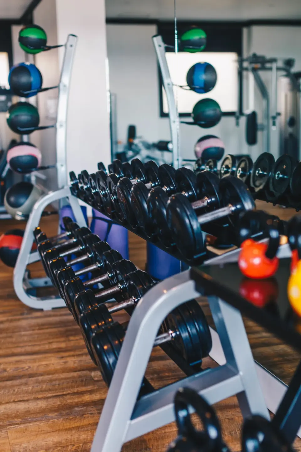 Gym dumbbells, kettlebells, and medicine balls on racks at Zemi Beach House.