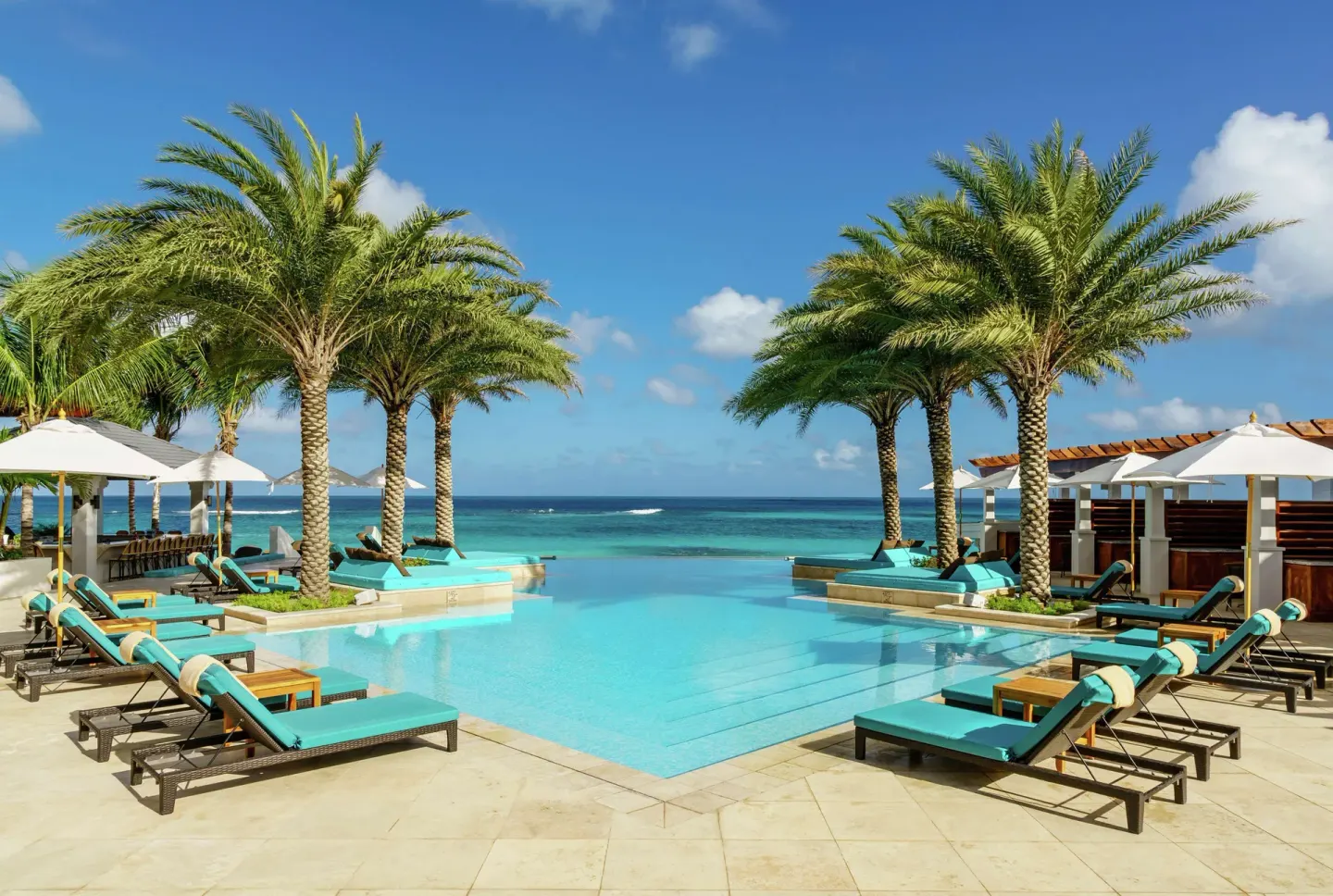 Palm-lined oceanfront pool with turquoise loungers at Zemi Beach House.