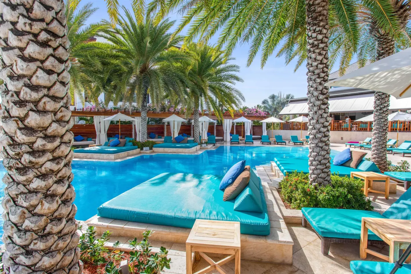 Resort pool with palm trees, cabanas, loungers, and turquoise cushions at Zemi Beach House.