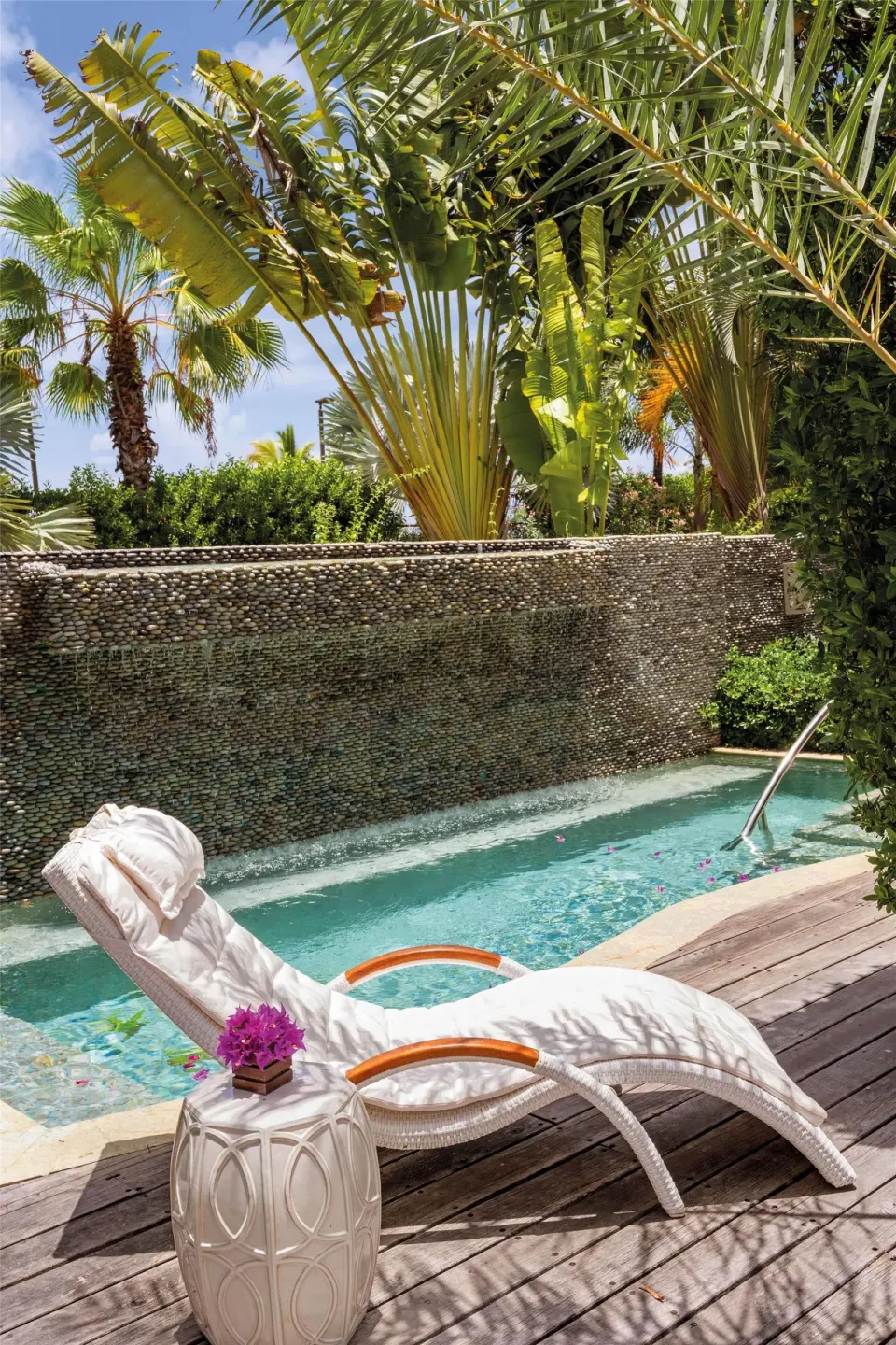 Private pool with chaise lounge and tropical plants at Zemi Beach House.