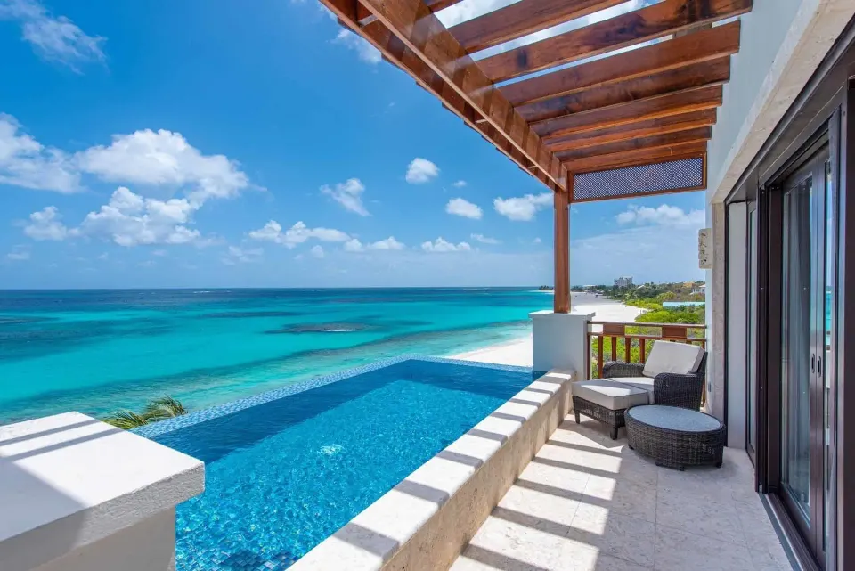 Presidential Suite terrace with plunge pool and beach view at Zemi Beach House.